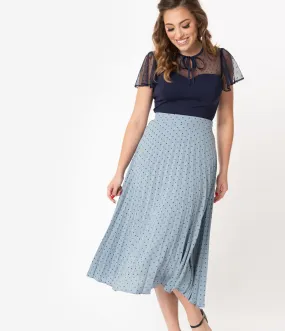 1940s Style Light Blue & Navy Polka Dot Pleated Skirt