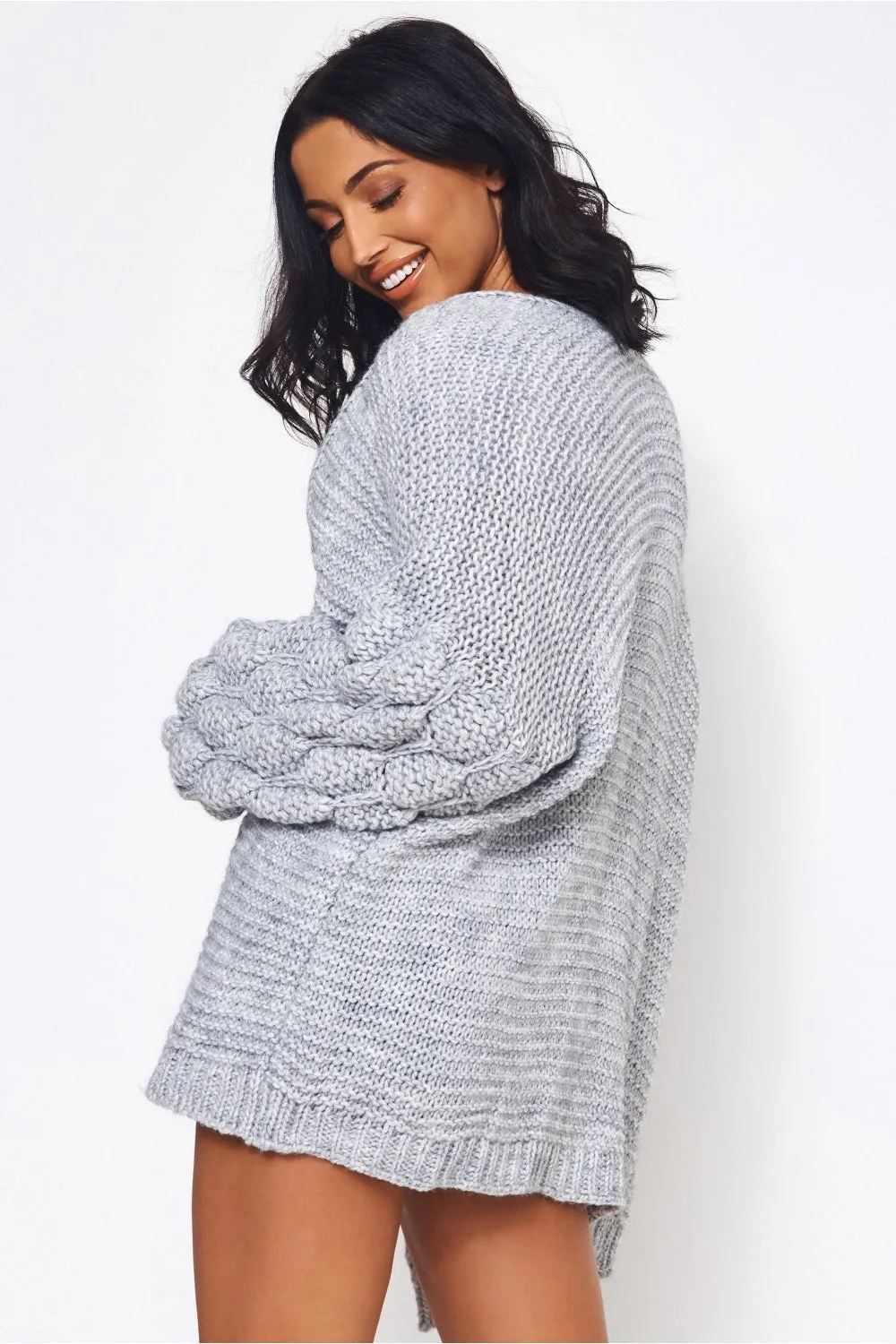 Alessa Grey Pom Sleeve Cardigan