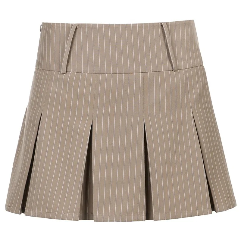 Amozae- Khaki Tennis Pleated Mini Skirts Woman Casual Striped High Waist Shorts Skirts Summer Preppy Style Korean Fashion