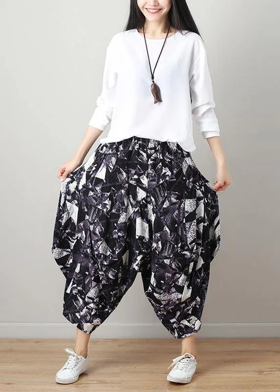 Art Black White Print Wide Leg Cotton Linen Pants Summer