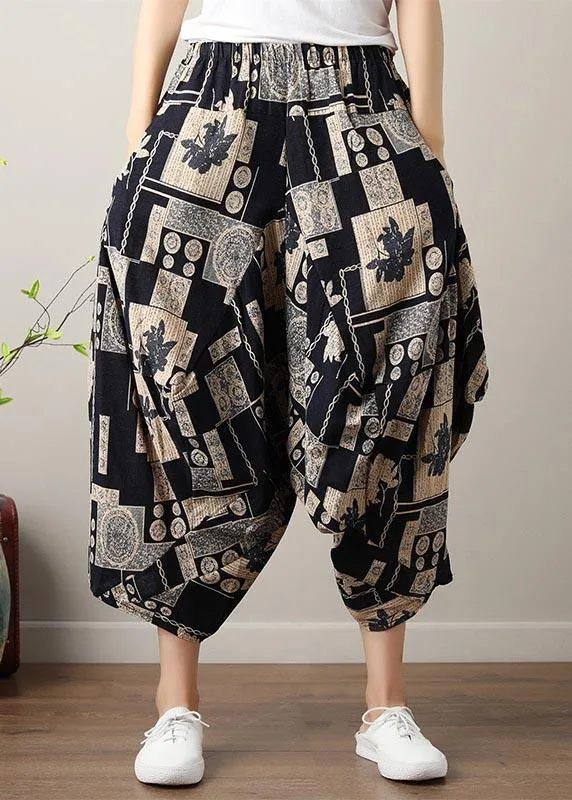 Art Black White Print Wide Leg Cotton Linen Pants Summer