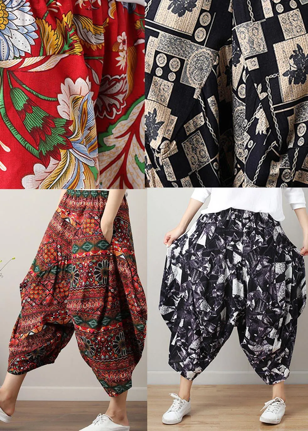 Art Black White Print Wide Leg Cotton Linen Pants Summer