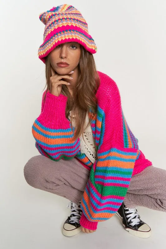 Be Happy Chunky Knit Multi-Striped Open Sweater Cardigan