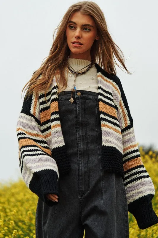 Be Happy Chunky Knit Multi-Striped Open Sweater Cardigan