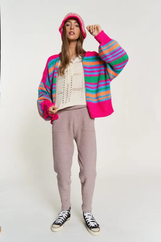 Be Happy Chunky Knit Multi-Striped Open Sweater Cardigan