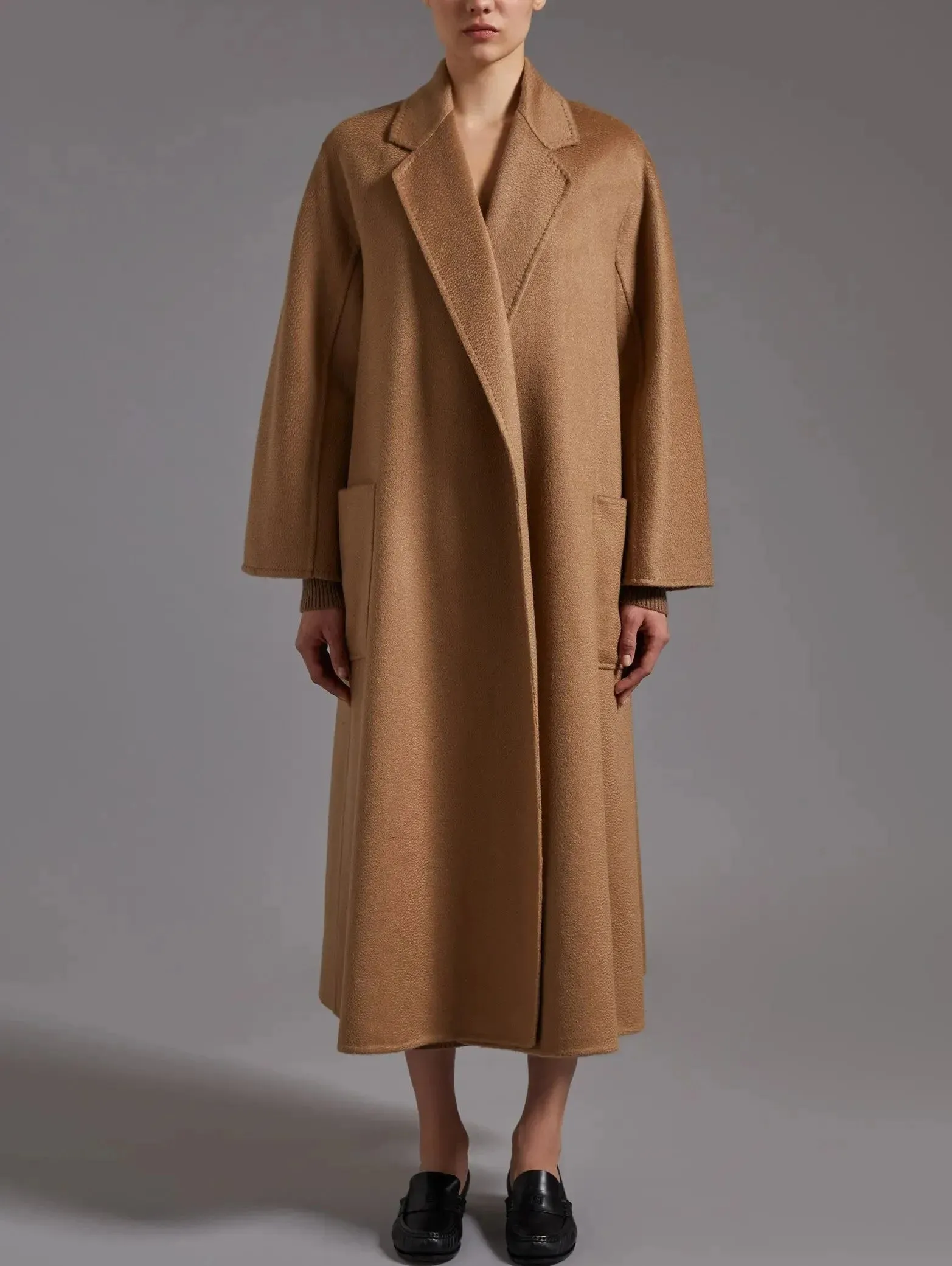 Belted Cashmere and Wool Coat in Camel Brown