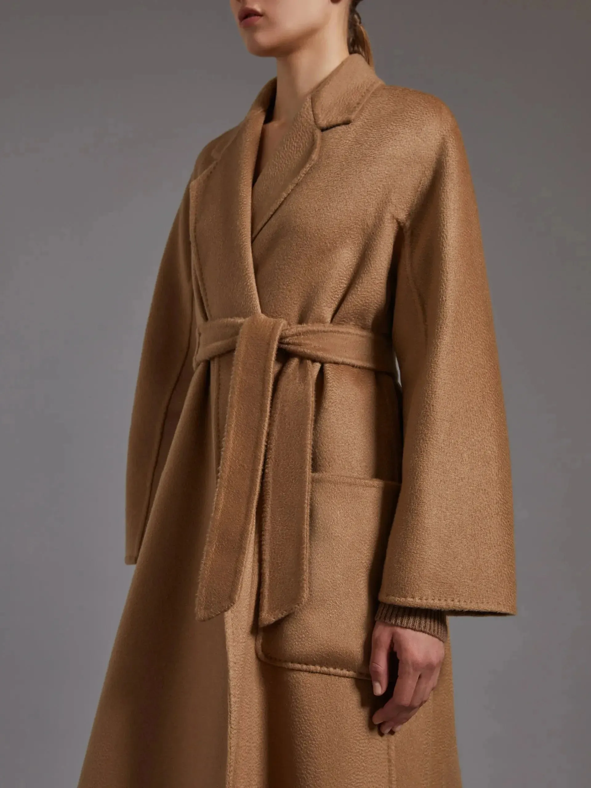 Belted Cashmere and Wool Coat in Camel Brown