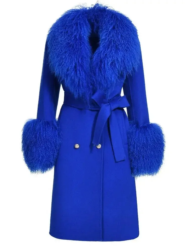 Belted Lambswool/Shearling Wool Cashmere Coat, Blue