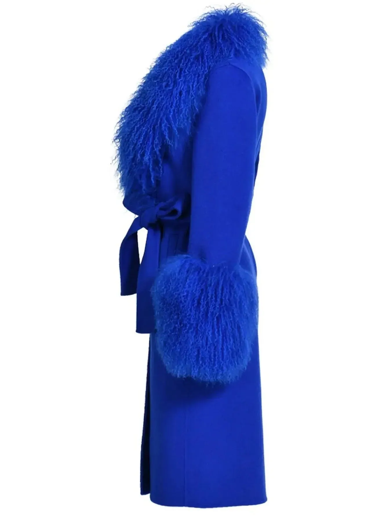 Belted Lambswool/Shearling Wool Cashmere Coat, Blue