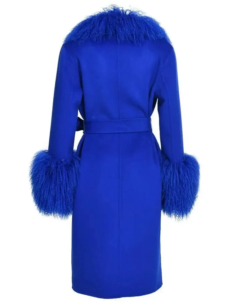 Belted Lambswool/Shearling Wool Cashmere Coat, Blue