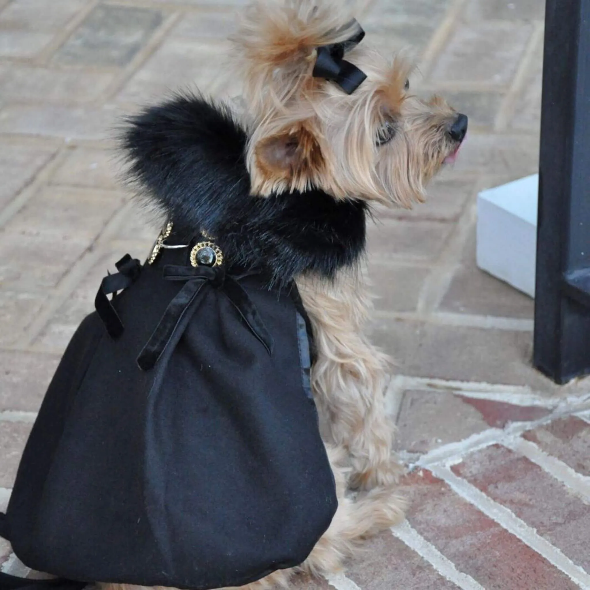 Black Wool Fur-Trimmed Dog Harness Coat