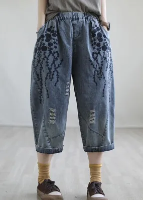 Boho Blue Embroideried Denim Pants