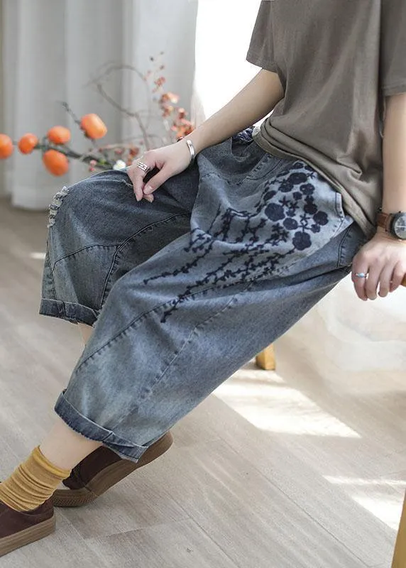 Boho Blue Embroideried Denim Pants