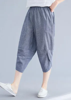 Boutique Navy Striped Patchwork Summer Cotton Linen Pants