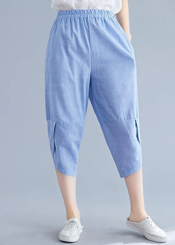 Boutique Navy Striped Patchwork Summer Cotton Linen Pants