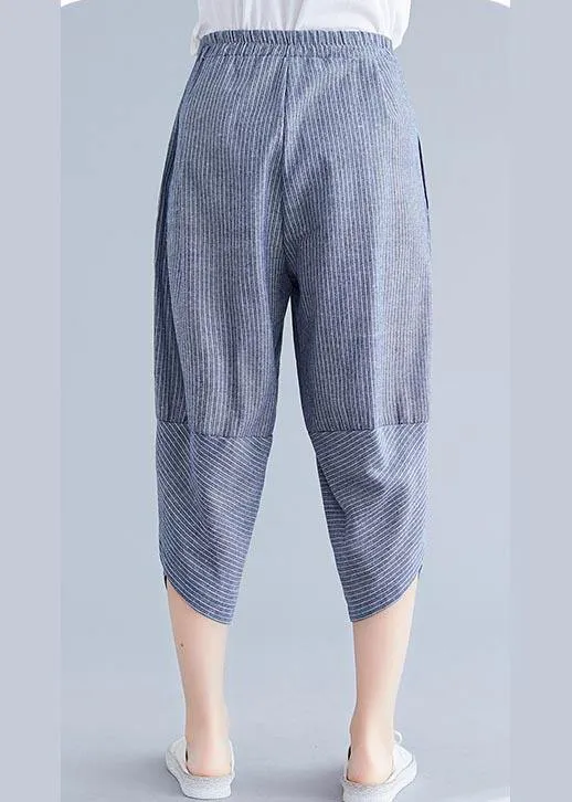 Boutique Navy Striped Patchwork Summer Cotton Linen Pants