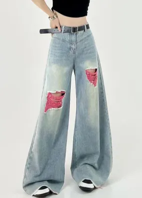 Boutique Pink Patchwork Ripped Denim Wide Leg Pants Fall RI006