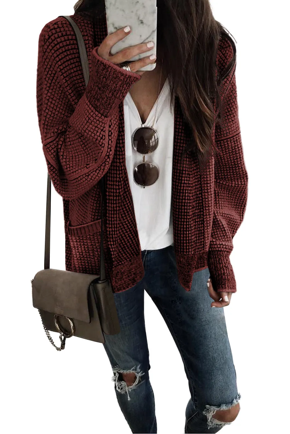 Chunky Waffle Knit Oversized Collar Cardigan