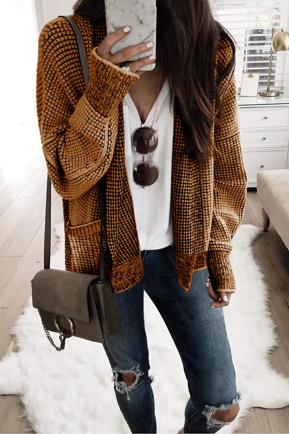 Chunky Waffle Knit Oversized Collar Cardigan