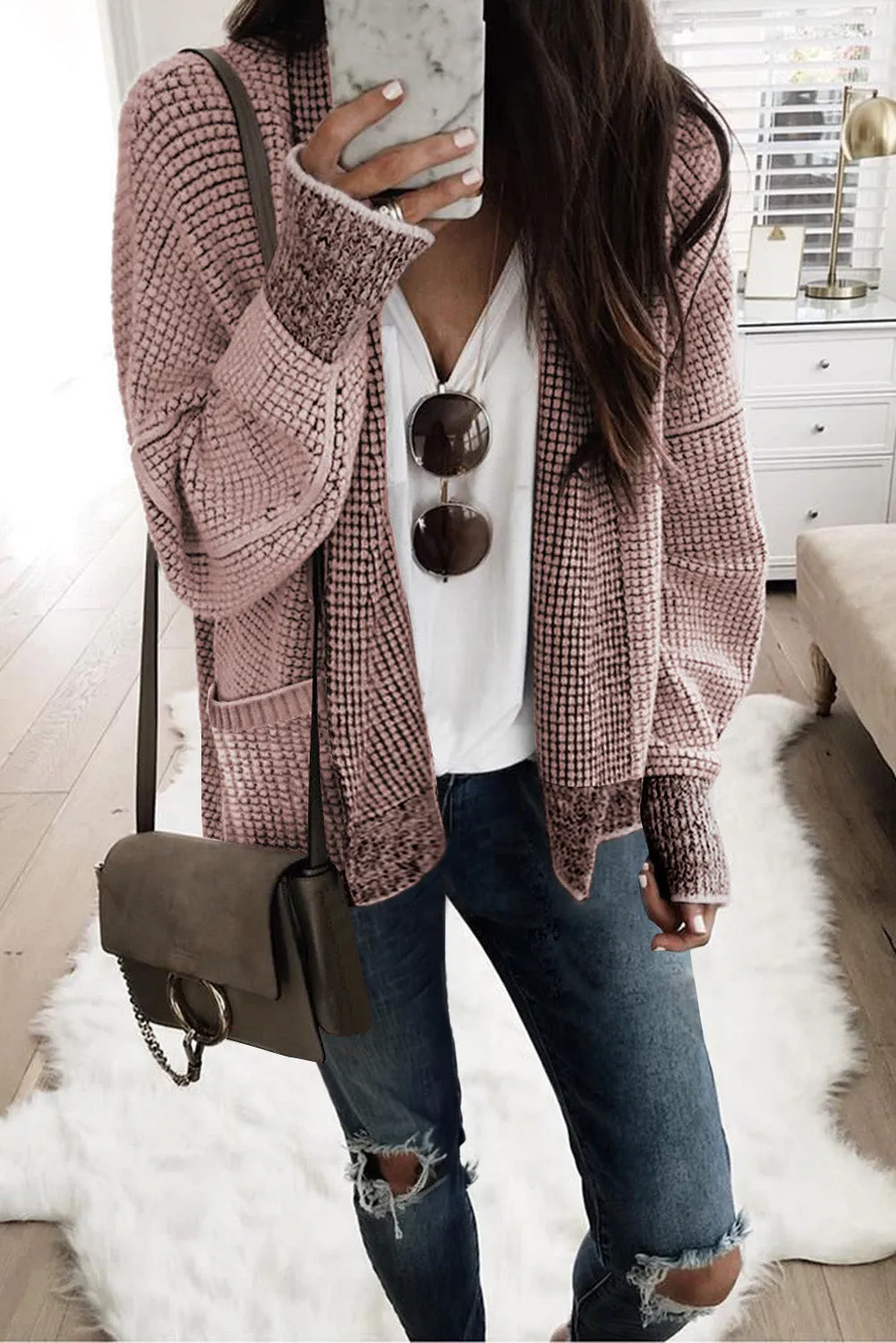 Chunky Waffle Knit Oversized Collar Cardigan