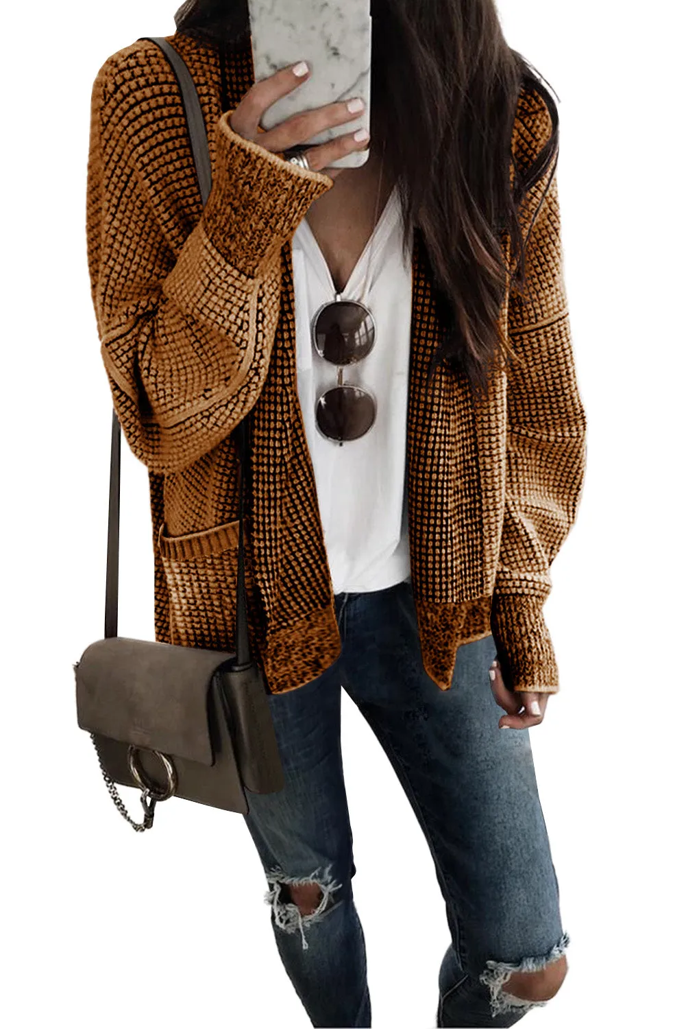 Chunky Waffle Knit Oversized Collar Cardigan