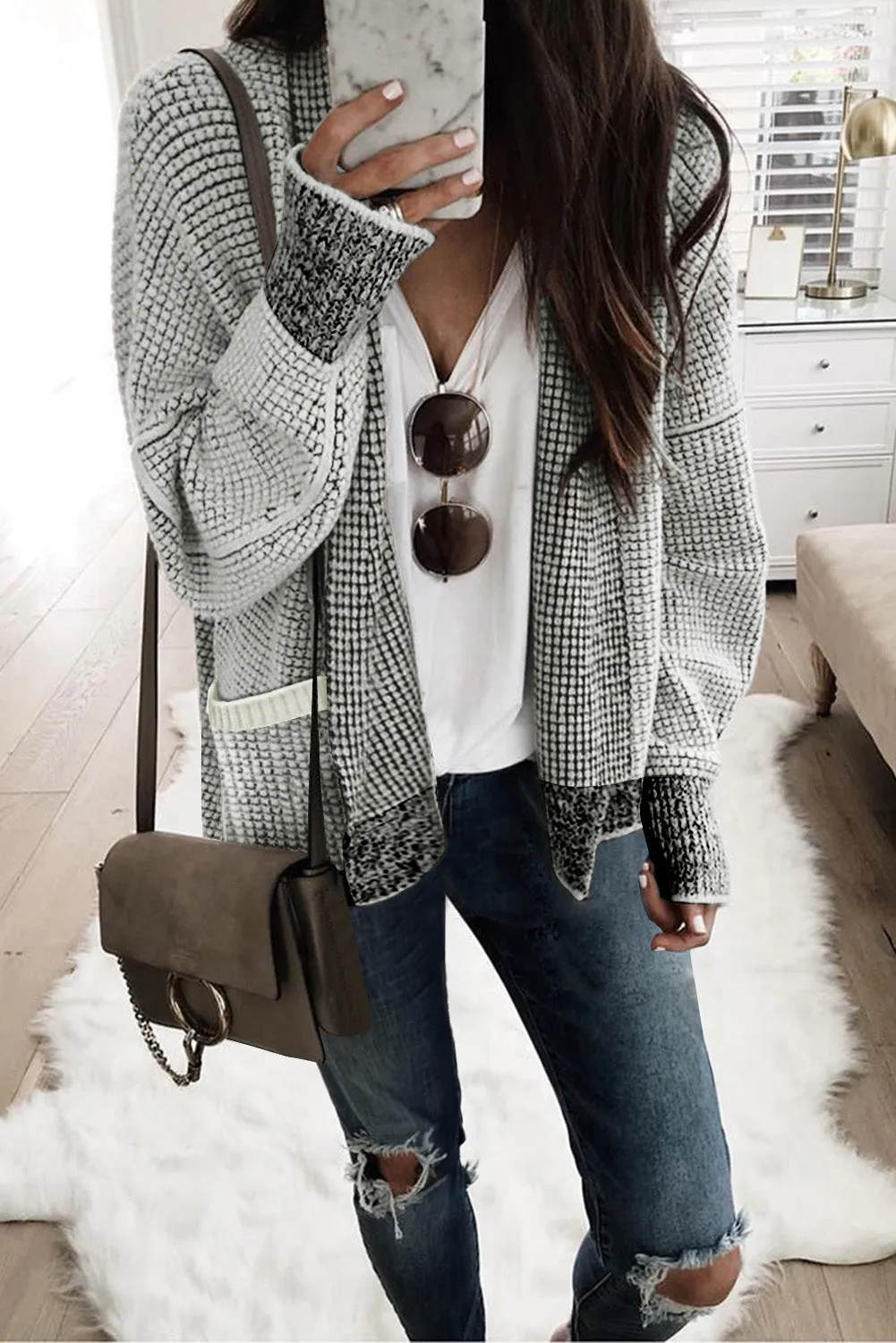 Chunky Waffle Knit Oversized Collar Cardigan