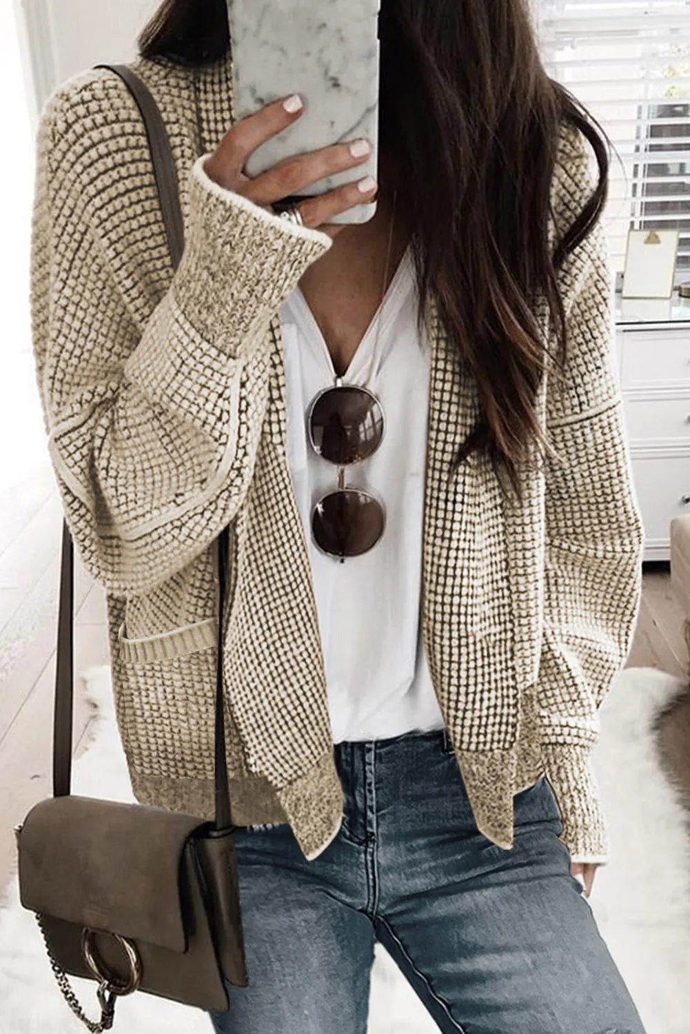 Chunky Waffle Knit Oversized Collar Cardigan