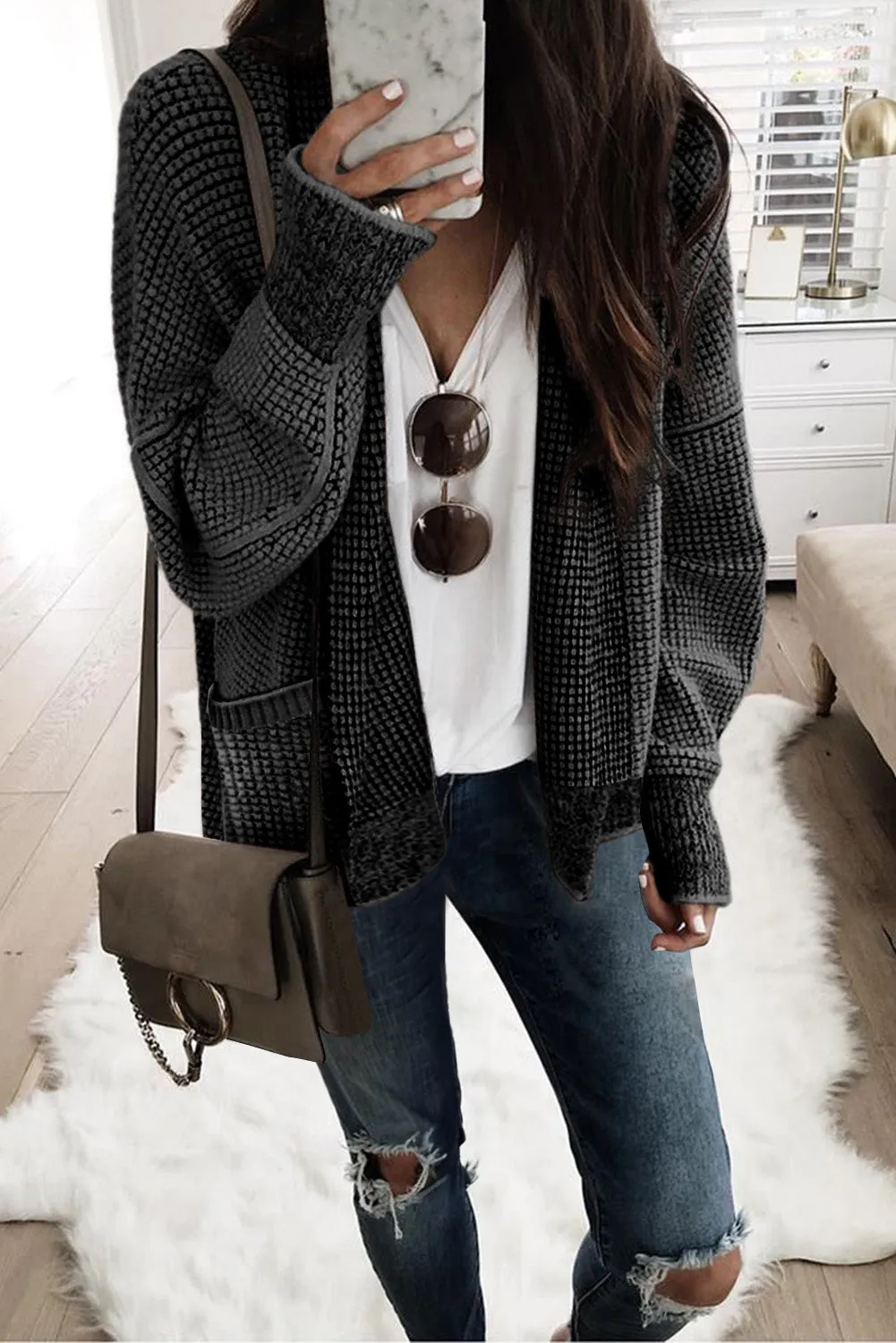 Chunky Waffle Knit Oversized Collar Cardigan