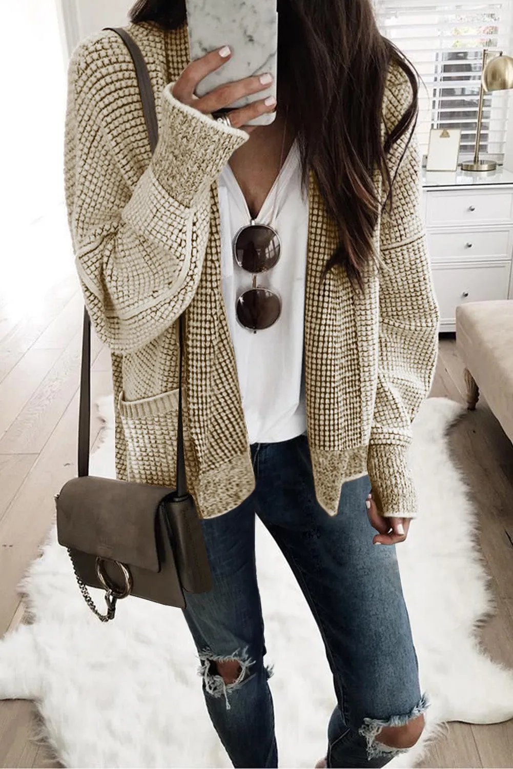 Chunky Waffle Knit Oversized Collar Cardigan