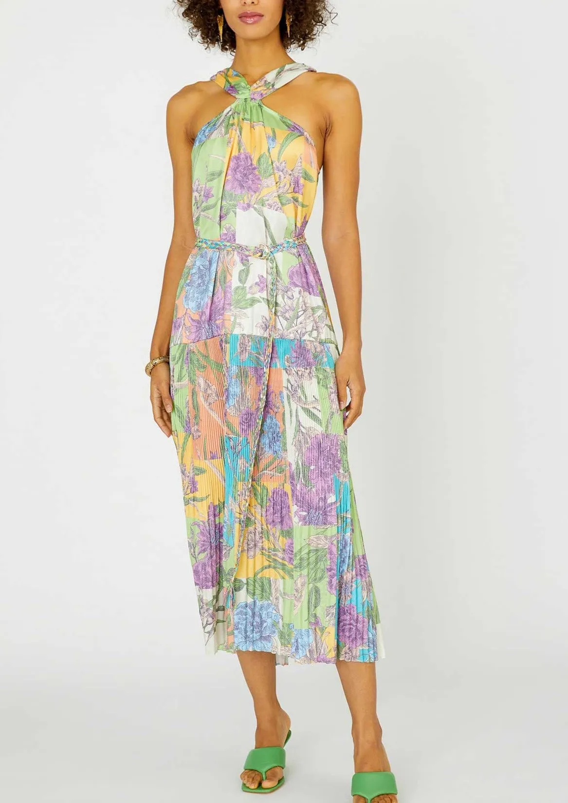 Color Block Multi Print Halter Neck Midi Dress