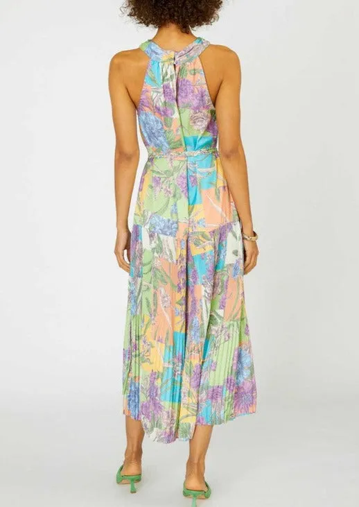 Color Block Multi Print Halter Neck Midi Dress