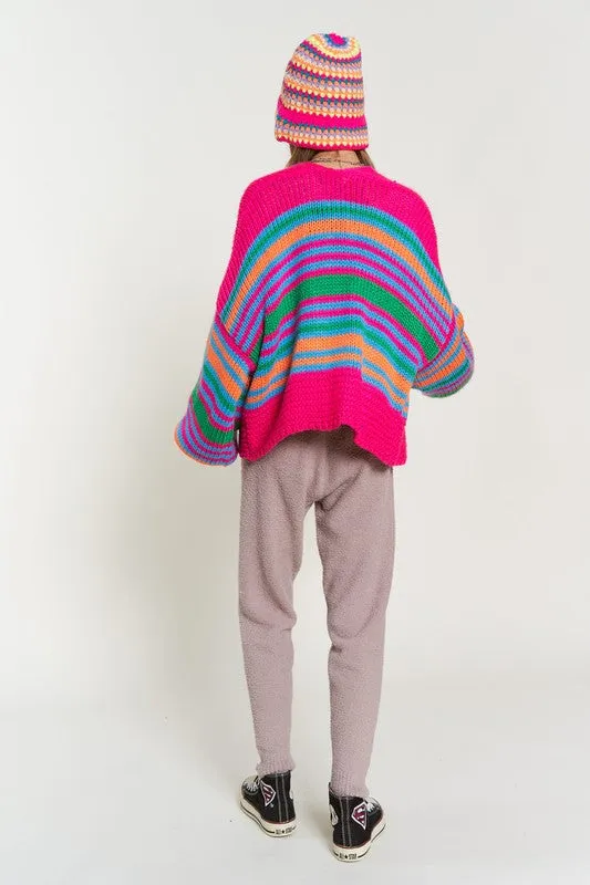 DAVI & DANI Chunky Knit Multi-Striped Open Sweater Cardigan