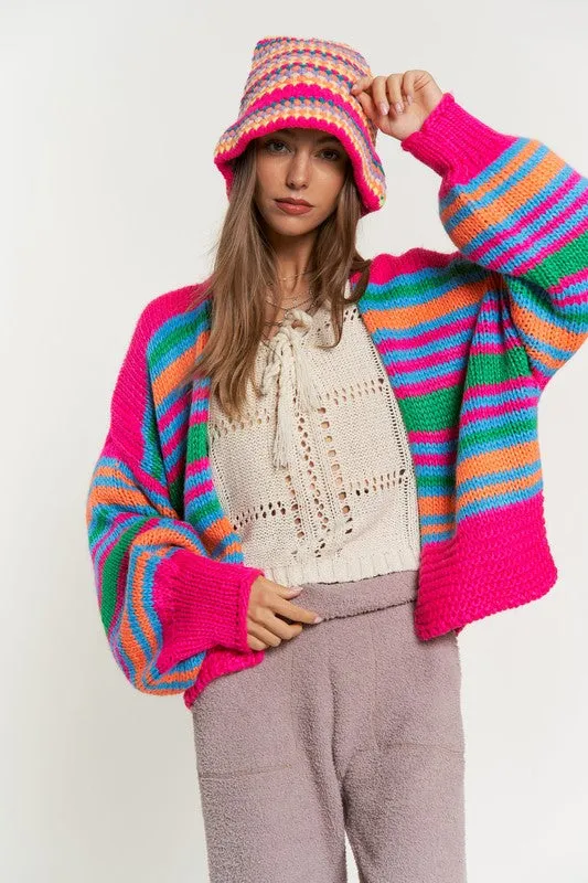 DAVI & DANI Chunky Knit Multi-Striped Open Sweater Cardigan