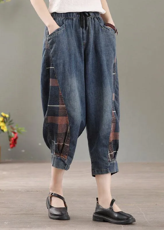 Elegant Blue Pockets Patchwork Fall Harem Denim Pants