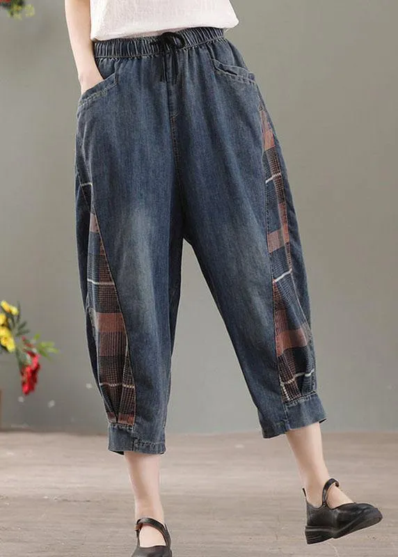 Elegant Blue Pockets Patchwork Fall Harem Denim Pants