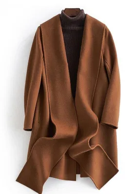 fine plus size long sleeve outwear brown pockets Woolen Coats Women