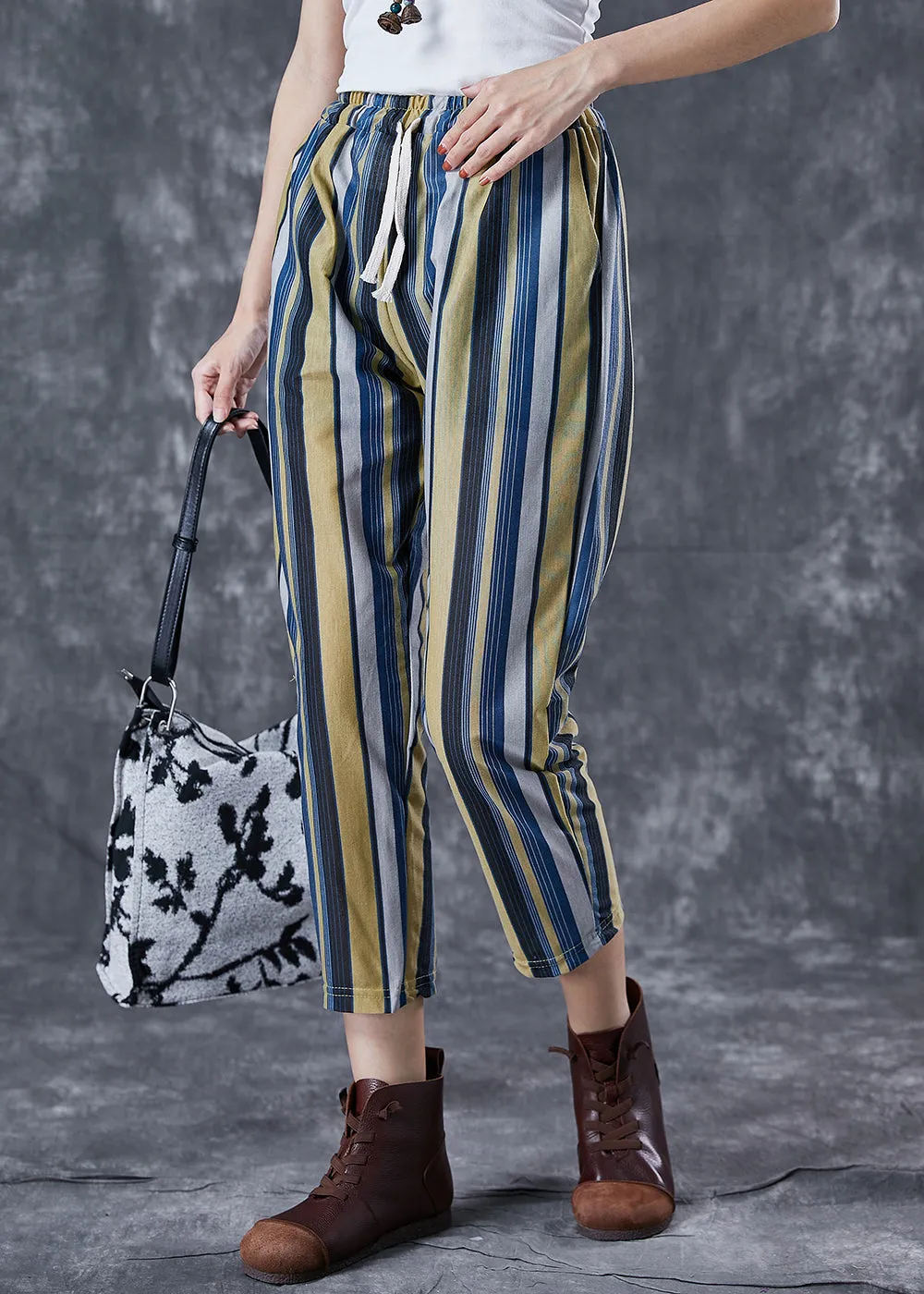 Fitted Colorblock Striped Elastic Waist Linen Harem Pants Summer LY7061