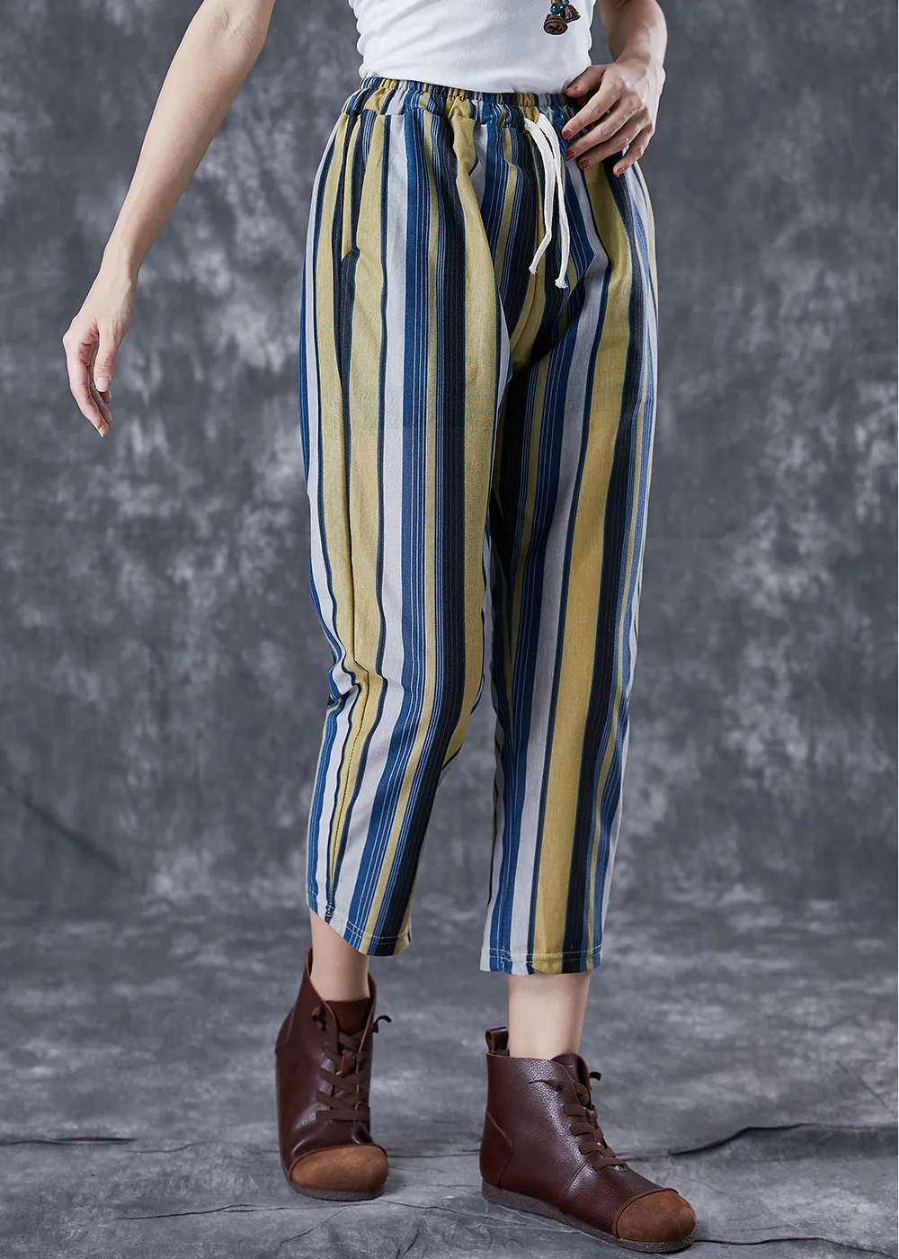 Fitted Colorblock Striped Elastic Waist Linen Harem Pants Summer LY7061