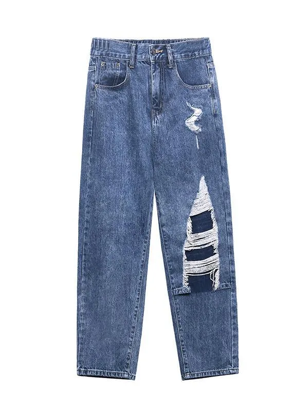 French Blue Cotton Hole Patchwork Casual Jeans Pants