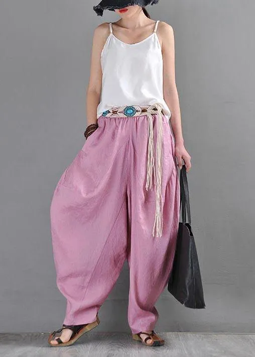 French Pink Purple Cotton Linen Casual Harem Pants Summer