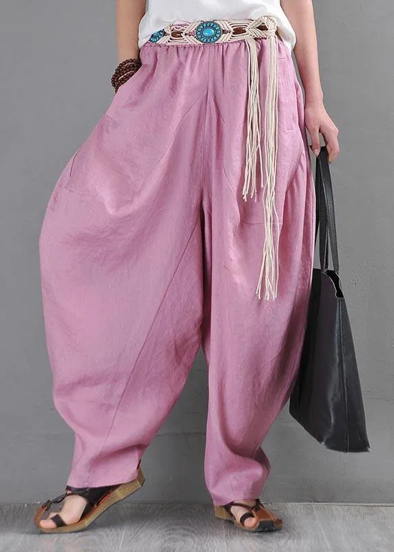 French Pink Purple Cotton Linen Casual Harem Pants Summer