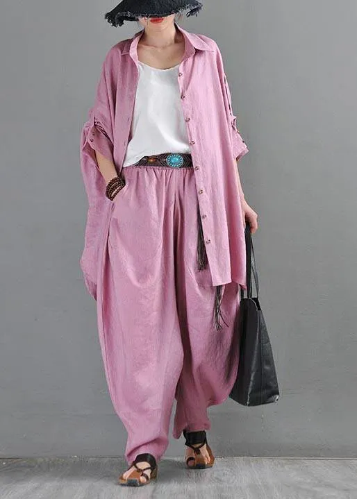 French Pink Purple Cotton Linen Casual Harem Pants Summer