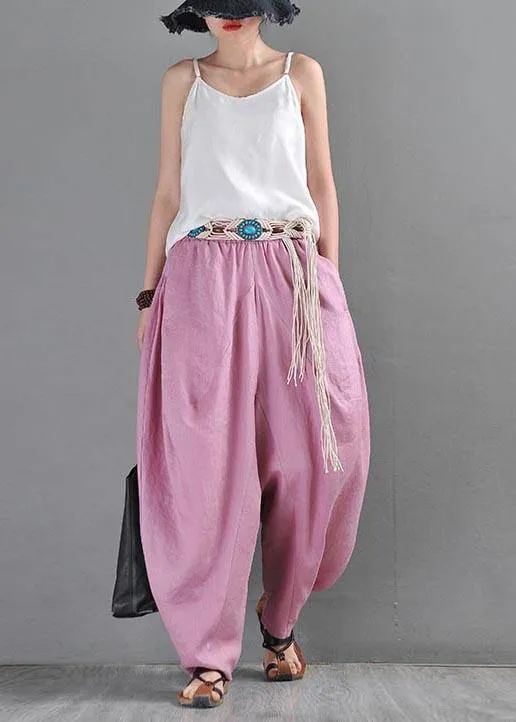 French Pink Purple Cotton Linen Casual Harem Pants Summer