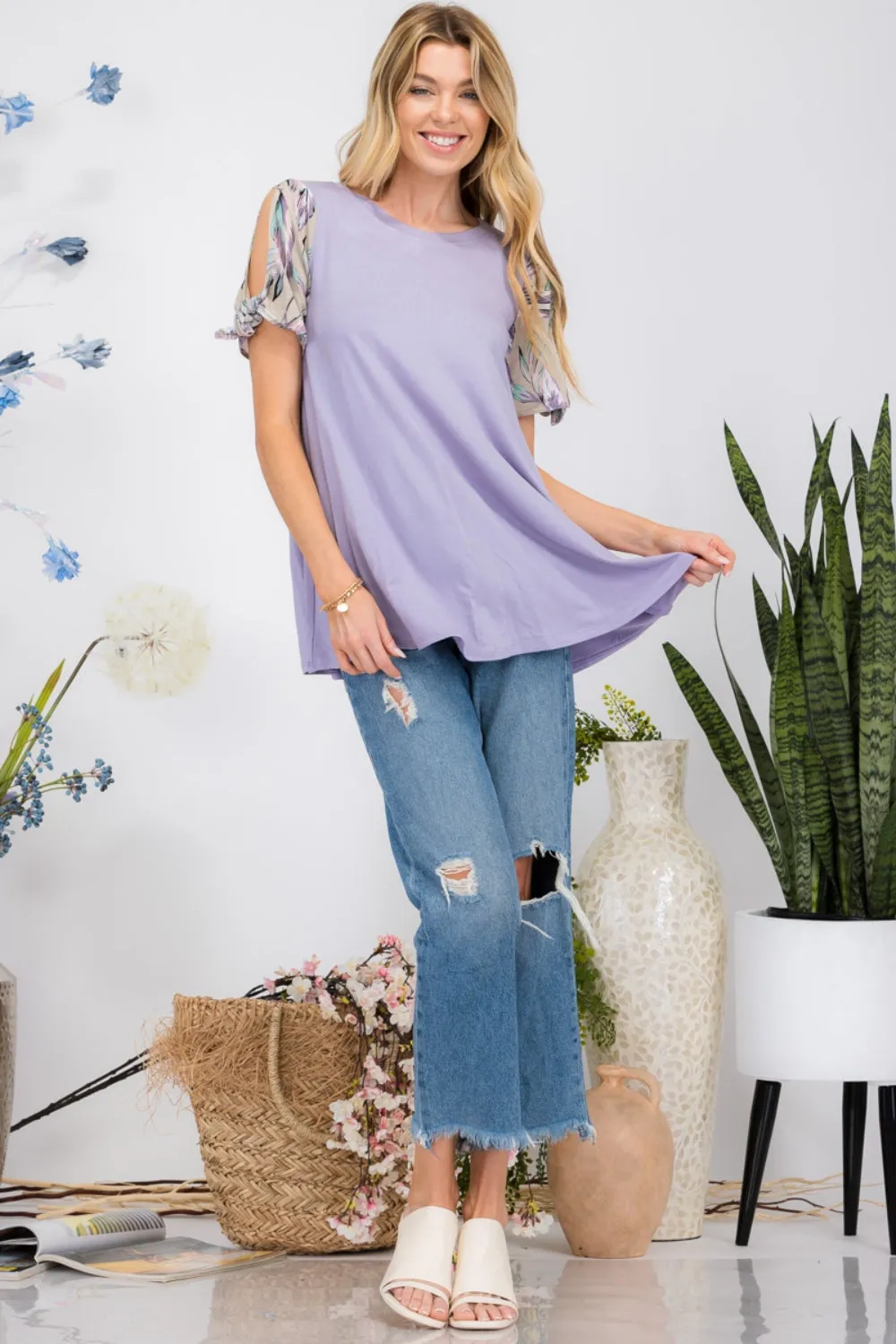 Full Size Open Tie Sleeve Round Neck Blouse