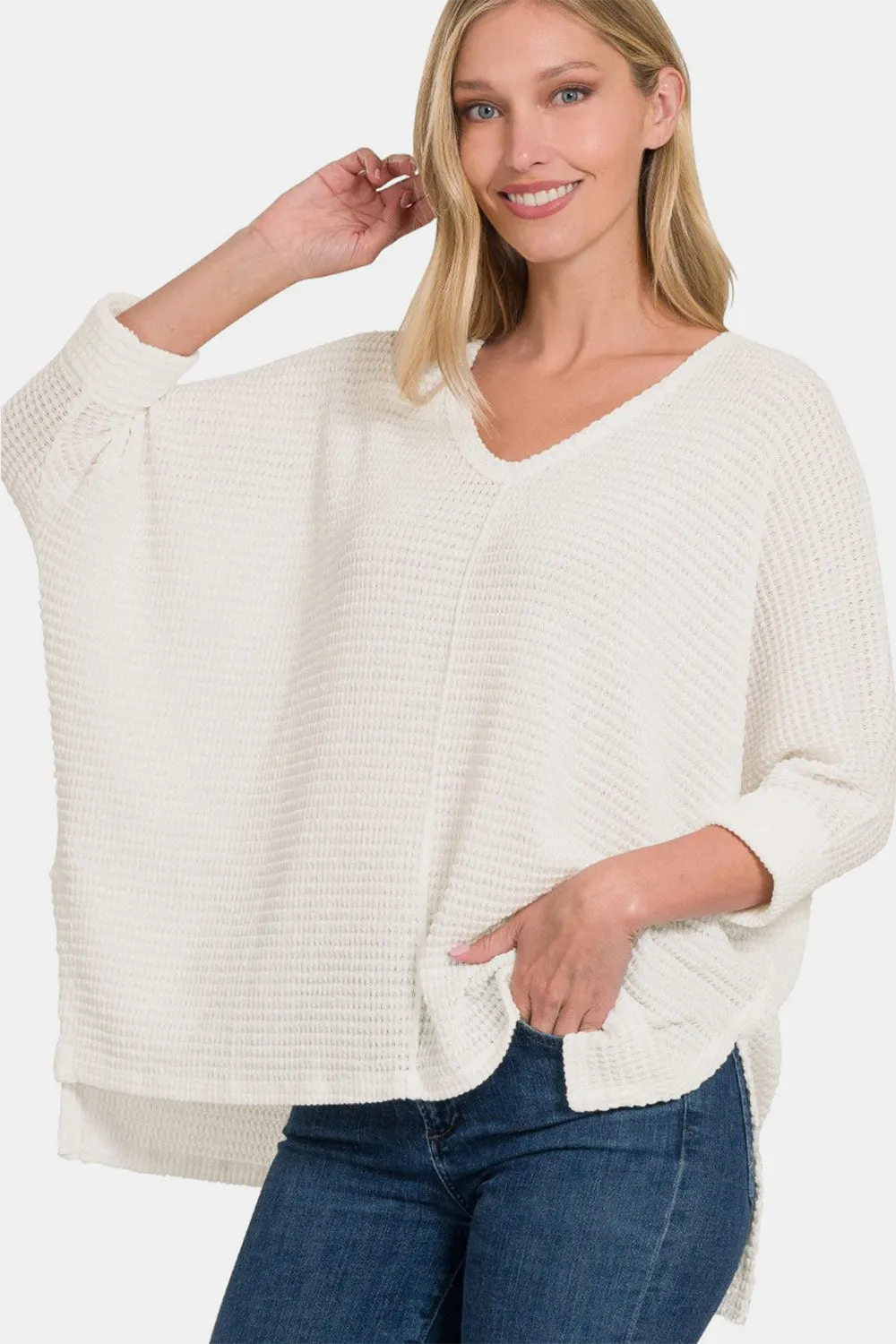 Full Size Round Neck High-Low Slit Knit Top