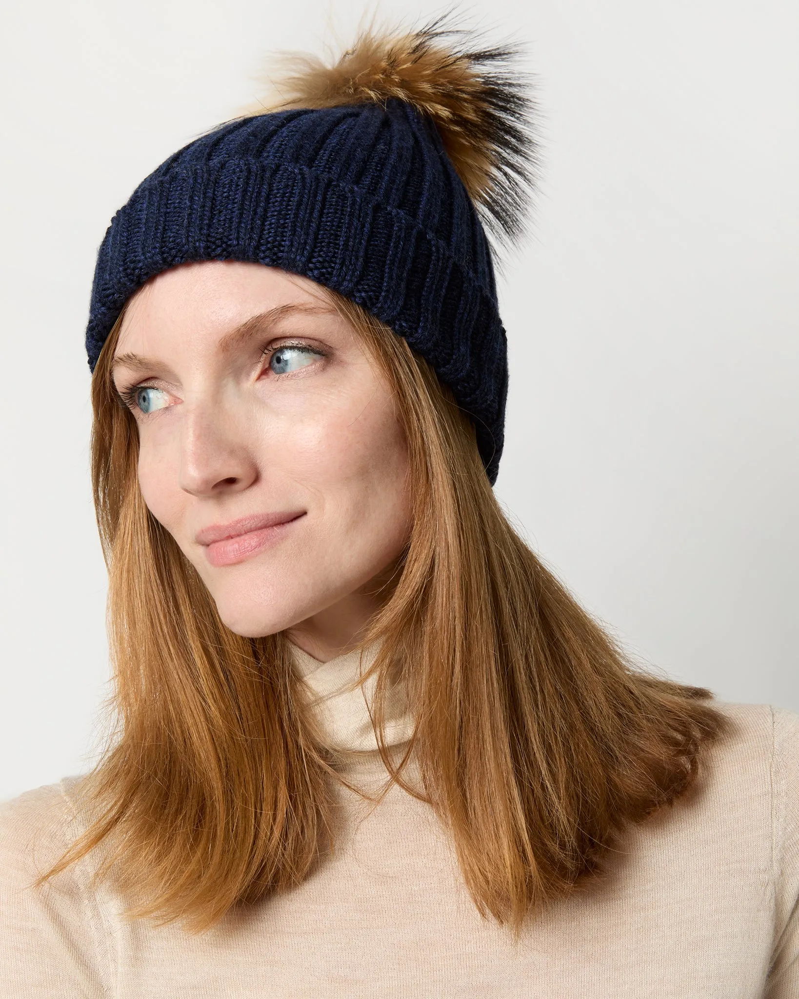 Fur Pom-Pom Beanie in Navy Extra Fine Merino