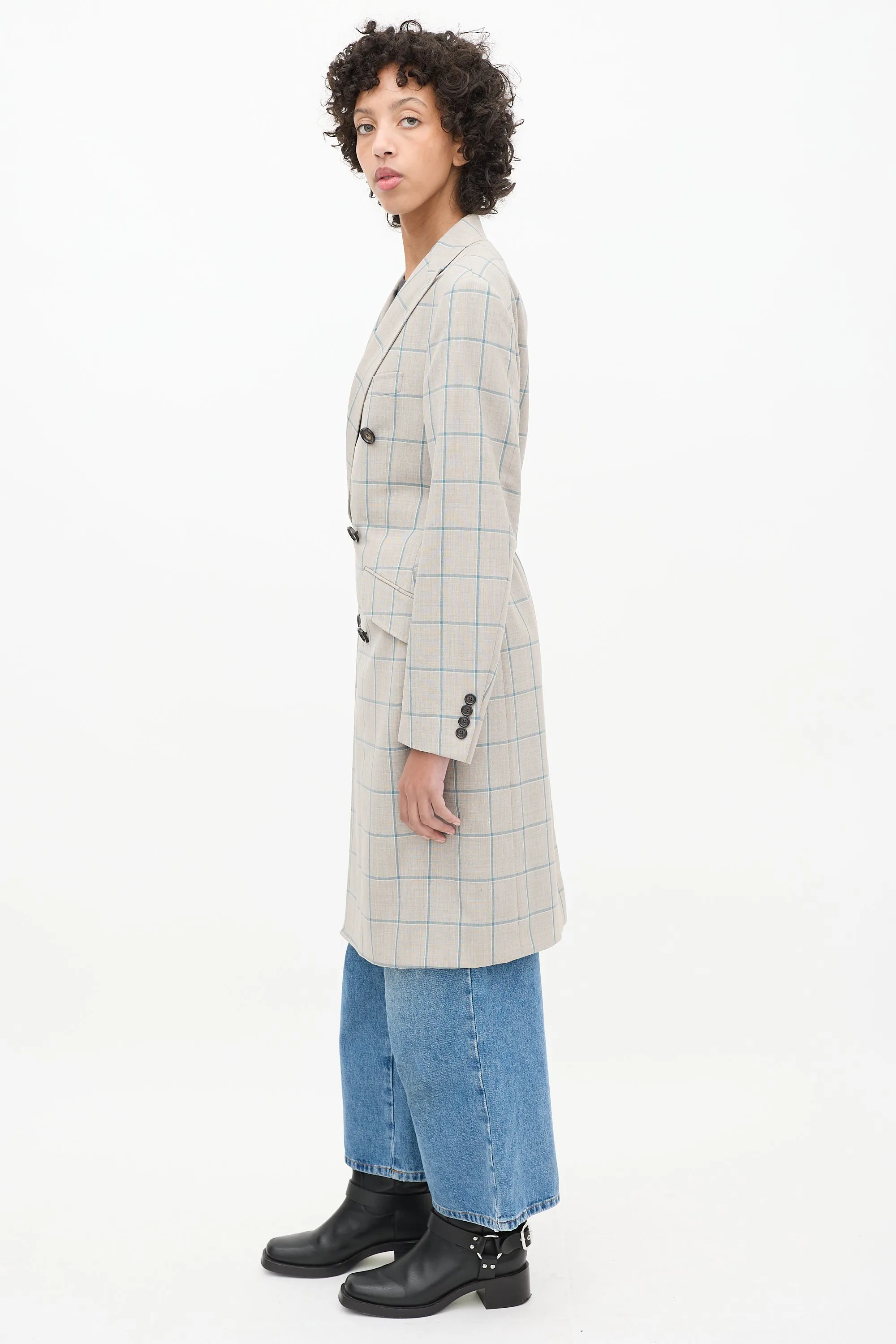 Grey & Blue Wool Plaid Coat