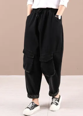 Handmade Black Tie Waist Pockets Harem Fall Pants