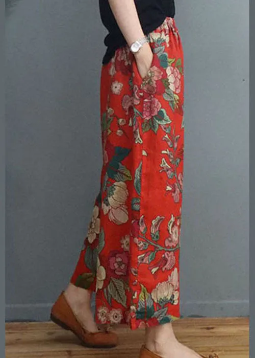 Handmade Red Print Linen wide leg pants Spring