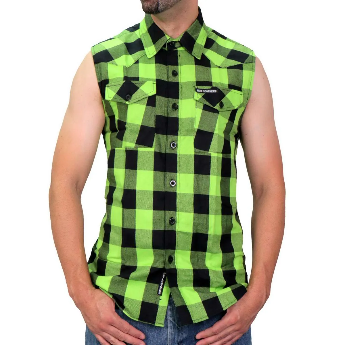 Hot Leathers GMS3492 Men’s Black and Green Shredder Skull Sleeveless Flannel Shirt